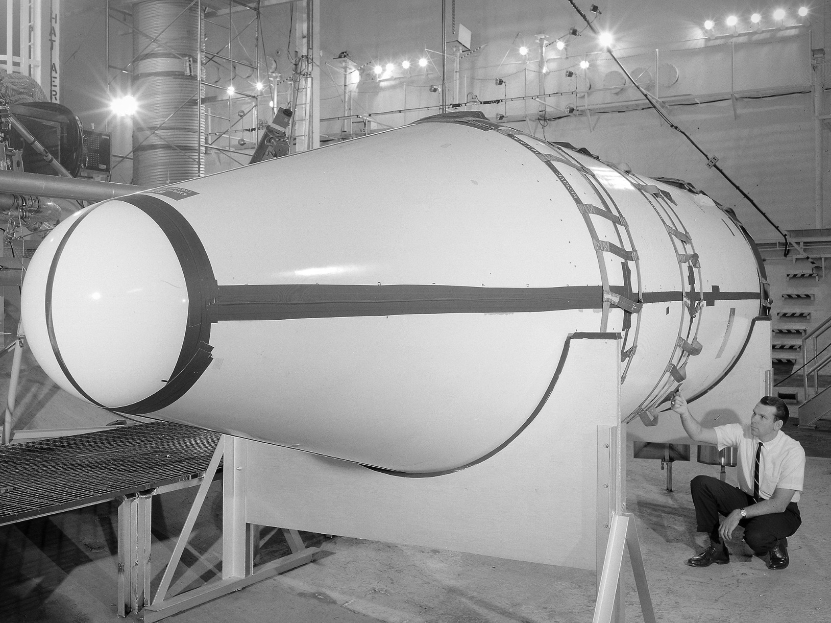 Setup of a Surveyor/Atlas/Centaur shroud in the Space Power Chambers for a leak test 